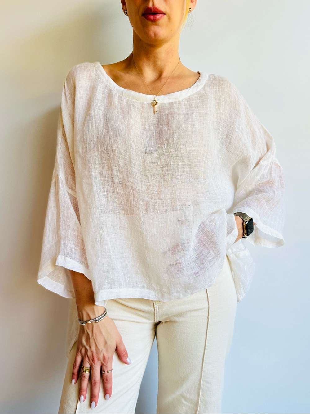 Namsar 100% Linen White Oversized Tunic Blouse Top OS Boho Lightweight Sheer